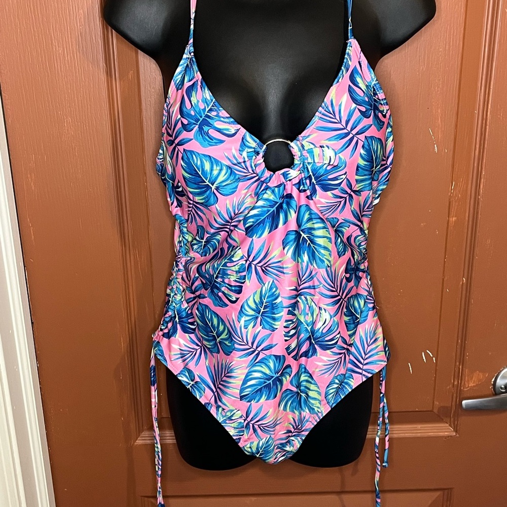 Pink and Blue One Piece Swimsuit with Plunging V-neckline